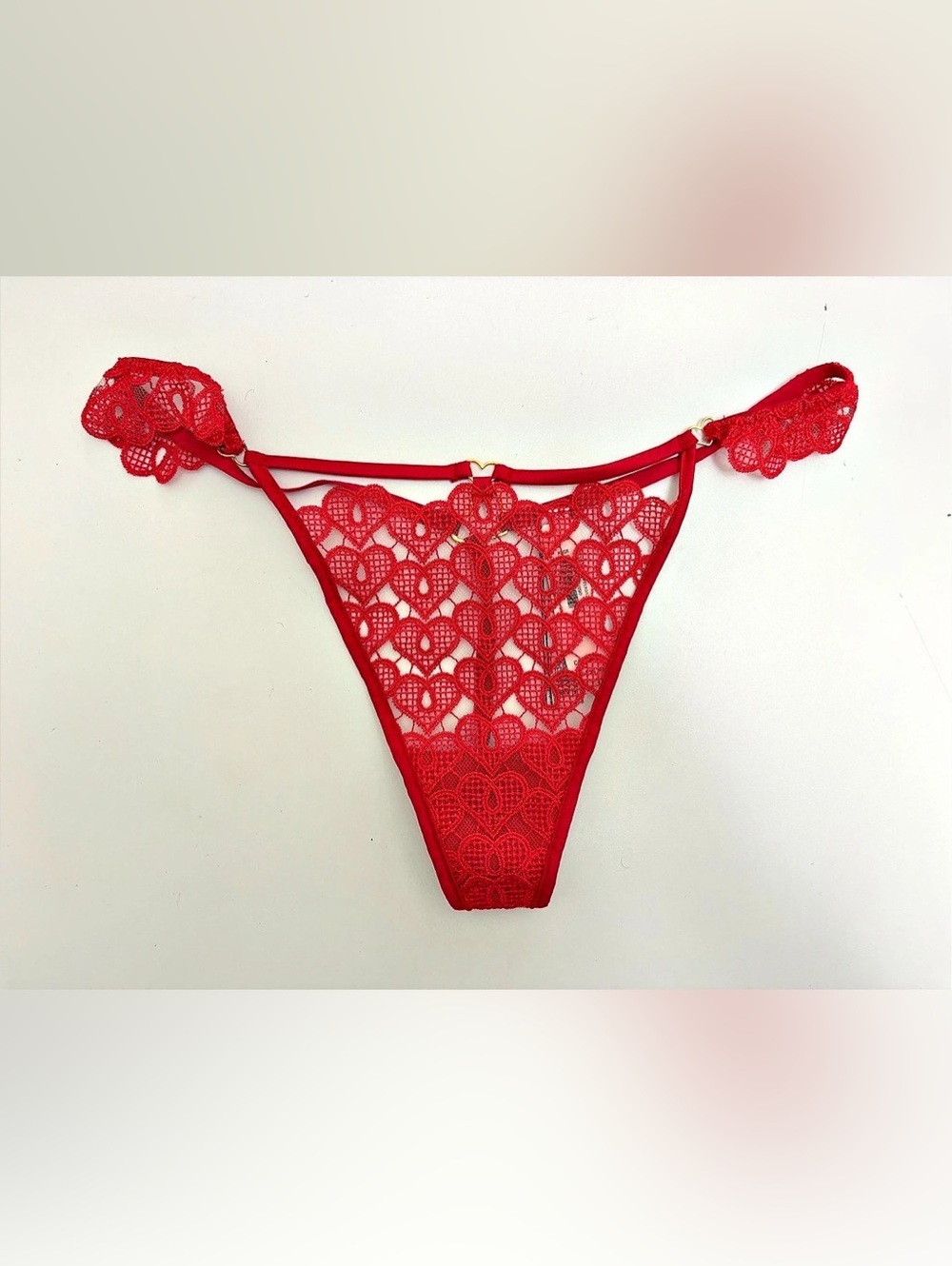 Victoria's Secret Very Sexy Rose Lace Heart Hardware V-String Panty Red